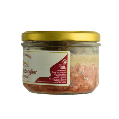 etiquette descriptive des ingrédients du bocal de terrine de sanglier au cognac